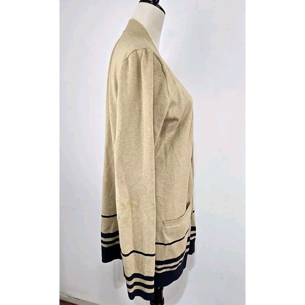 Duluth Trading Co Long Cardigan Sweater Women Lg Tan Navy Striped Knit Pockets